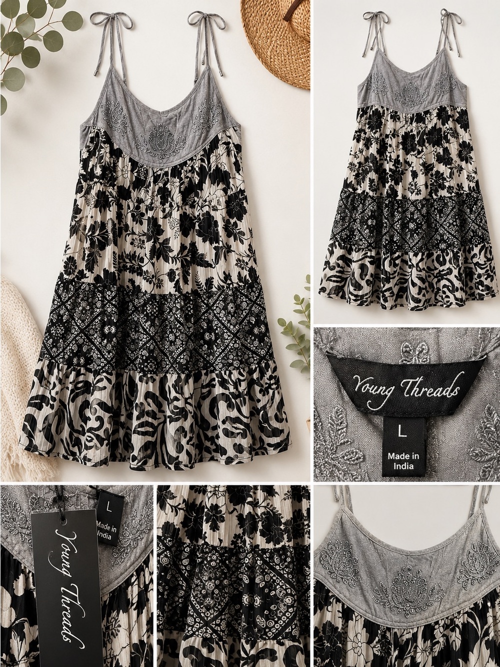 NWT Young Threads Babydoll Midi Dress Embroidered Boho Black Gray L
